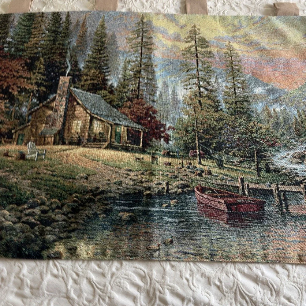 Thomas Kinkade Tapestry Wall Hanging Cabin Boat Duck Pier A Peaceful Retreat USA